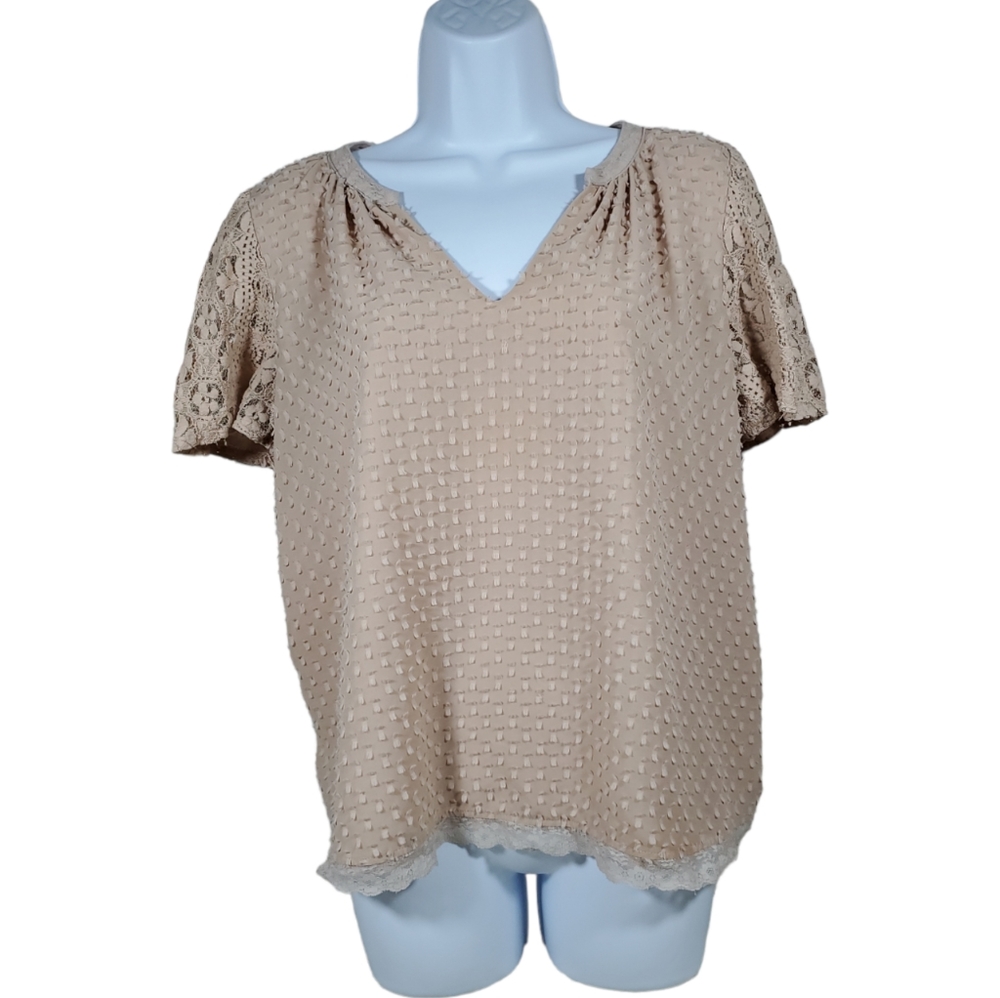 Anthropologie Beige Textured Lace-Sleeve V-Neck Blouse